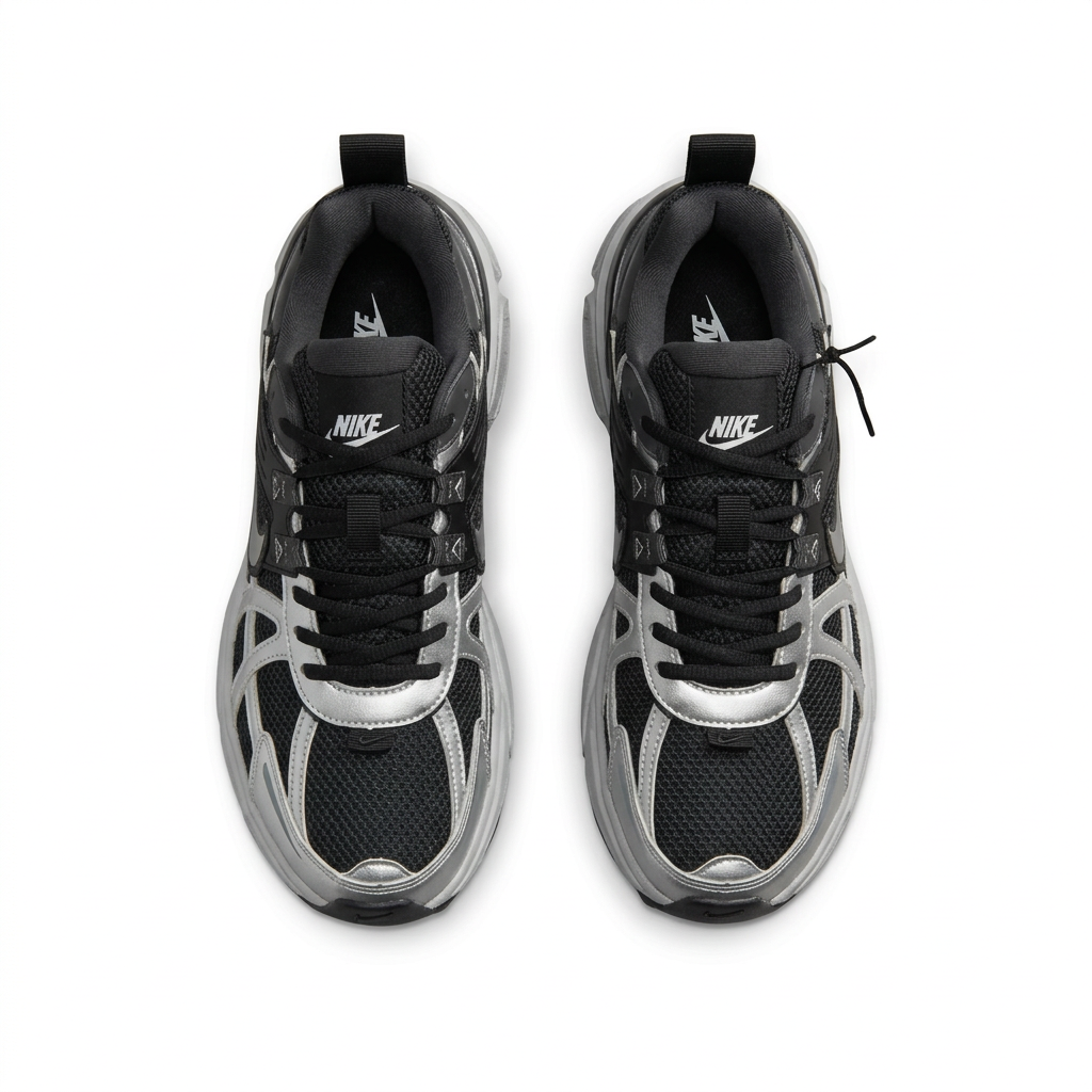 Black and silver Nike sneakers with black laces, top view on white