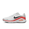 White Nike sneaker with black Swoosh and coral-red accents, side view on white