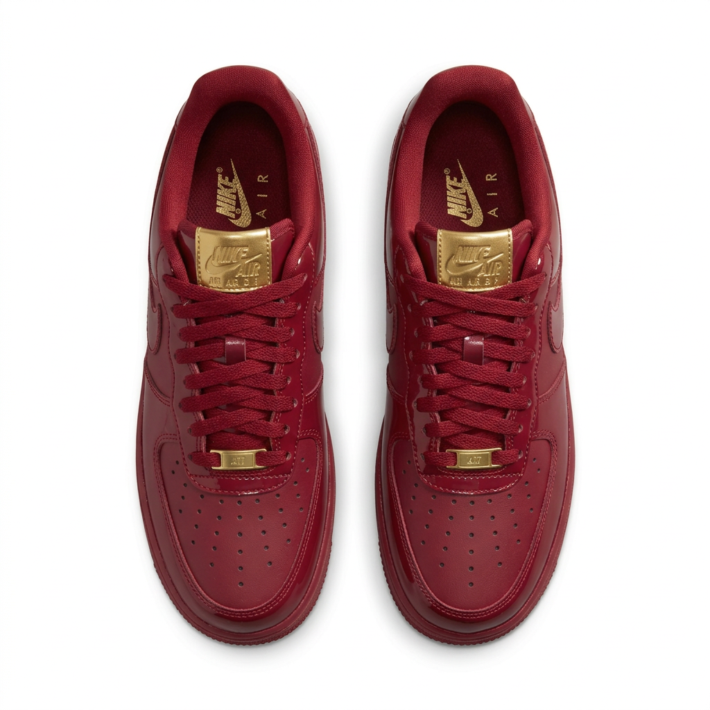 Burgundy Nike sneakers with gold-colored lace hardware, top view on white