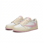 Cream white and pink sneakers with reverse pink Swoosh, angled view on white