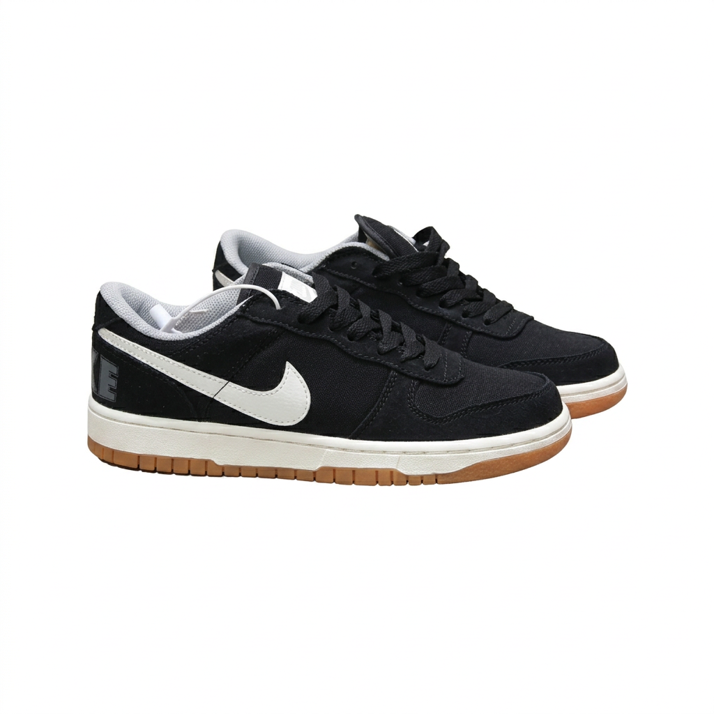 Black Nike sneaker pair with white Swooshes and gum outsoles, angled view on white background