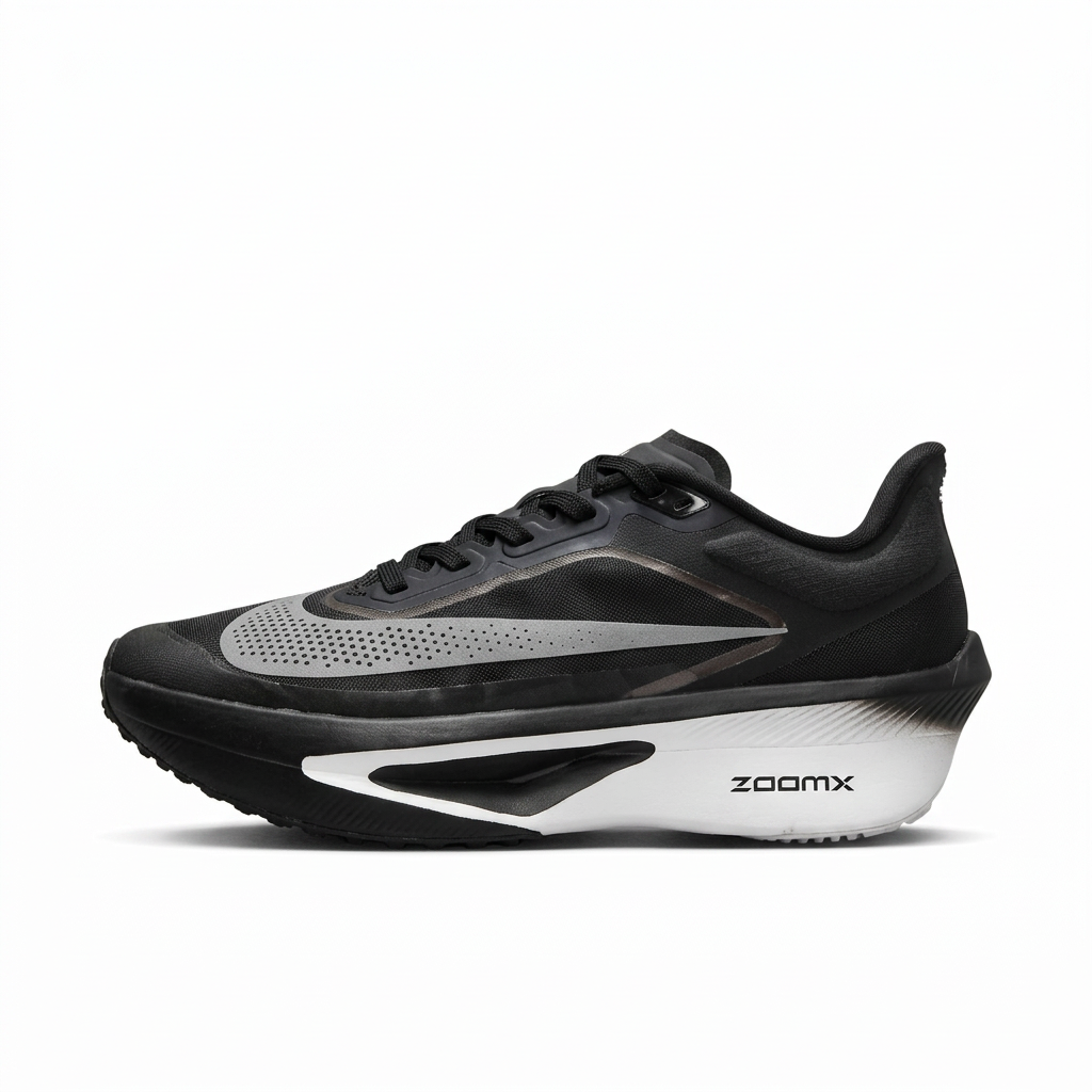 Black Nike sneaker with silver Swoosh and white sculpted sole, side view
