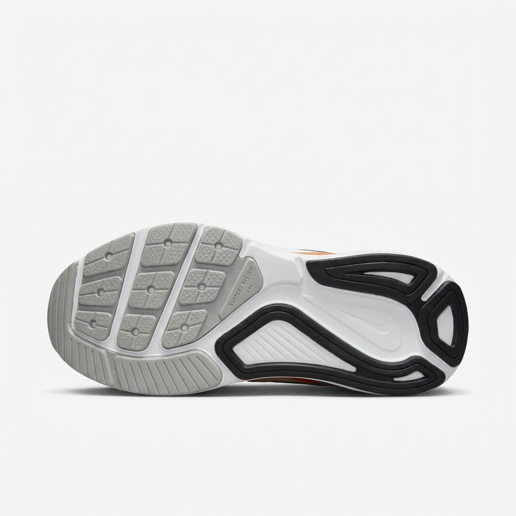 Nike sneaker grey white and black outsole, sole view on white