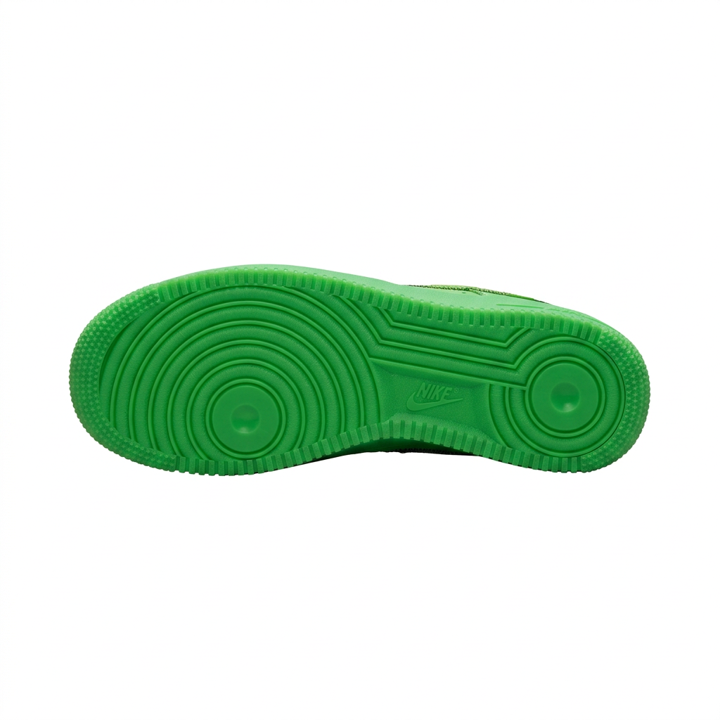 Bright green Nike Air Force 1 outsole with circular tread on white background