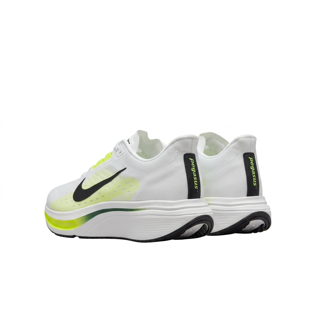 Rear view of white Nike sneakers with black heel strips, neon lime accents and sculpted white soles.