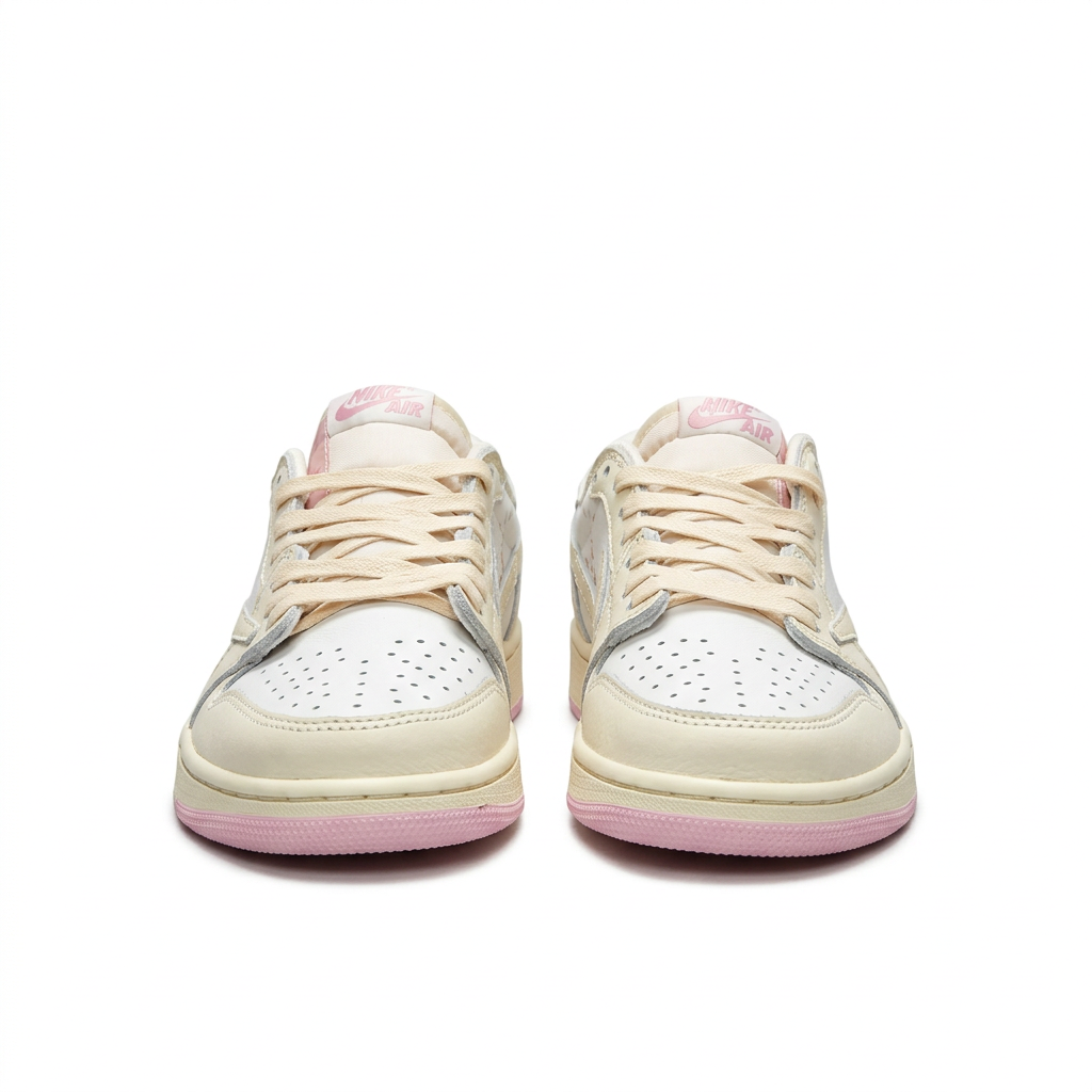Cream white and pink sneakers with cream laces, front view on white