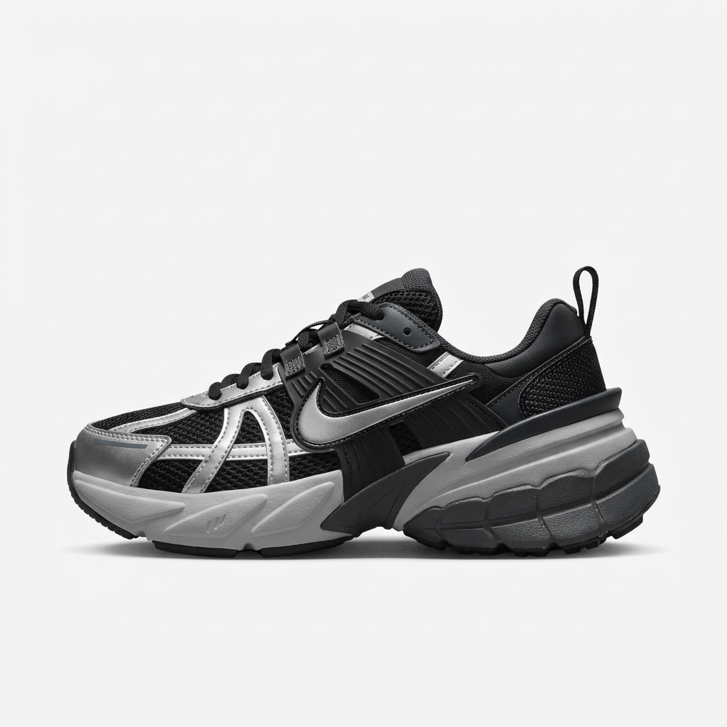 Black and metallic silver Nike chunky sneaker, side view on white background