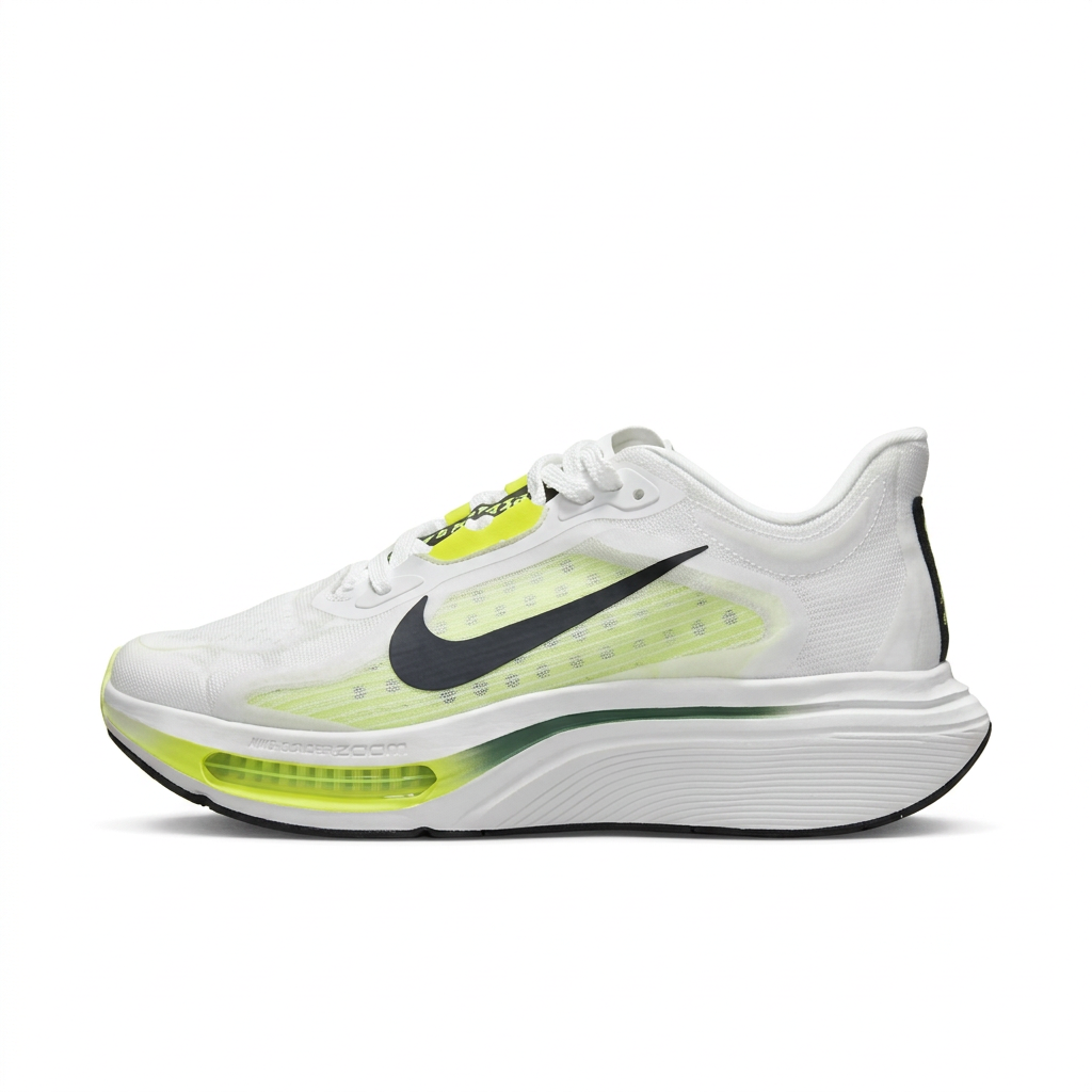 Left-facing white Nike sneaker with neon lime accents, black Swoosh and sculpted white midsole on white.
