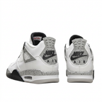 White Air Jordan 4 sneakers with Nike Air heel branding, rear view on white background