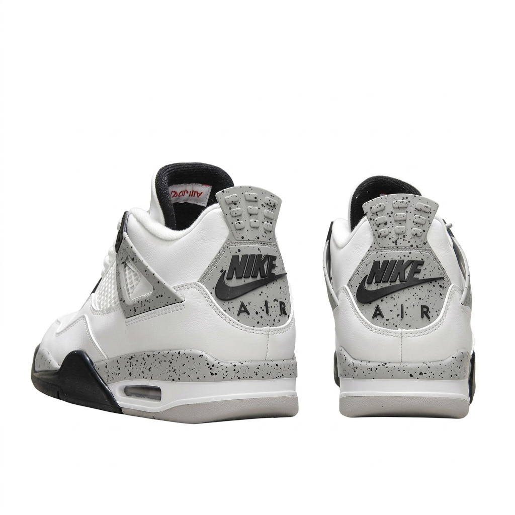 White Air Jordan 4 sneakers with Nike Air heel branding, rear view on white background