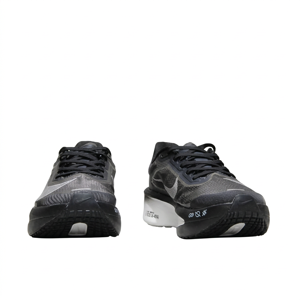 Black Nike sneakers with black laces, front view on white background