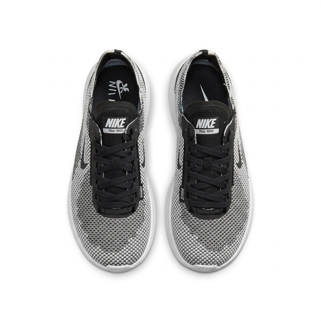 Top view of black and white textured Nike sneakers with black tongues and laces on white.