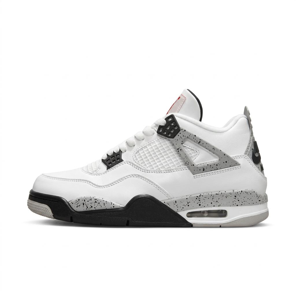 White Air Jordan 4 sneaker with grey speckled detailing, side view on white background