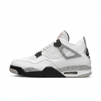 White Air Jordan 4 sneaker with grey speckled detailing, side view on white background