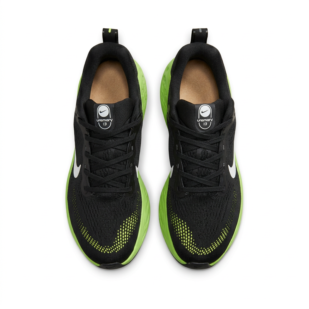 Black Nike sneakers with lime toe accents and black laces, overhead view on white background