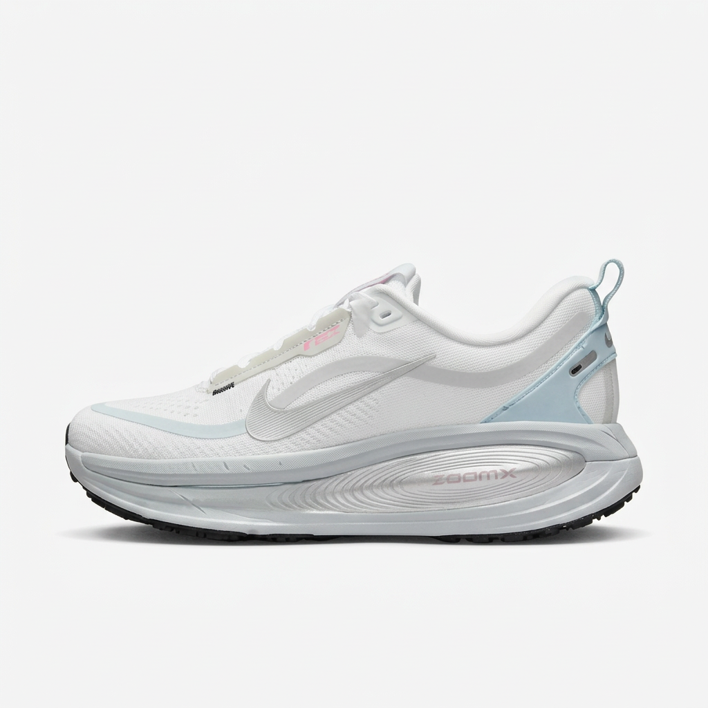 White Nike sneaker with ice-blue heel accents, side view on white background