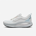 White Nike sneaker with ice-blue heel accents, side view on white background