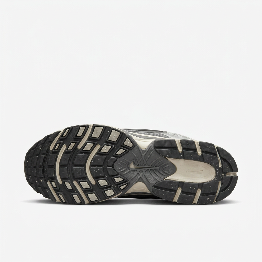 Nike sneaker dark segmented outsole with cream channels on white